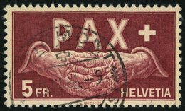 SCHWEIZ BUNDESPOST 458 O, 1945, 5 Fr. PAX, Pracht, Mi. 360.- - 1843-1852 Federale & Kantonnale Postzegels