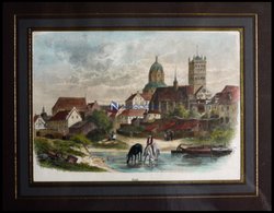 NEUSS, Gesamtansicht, Kolorierter Holzstich Aus Stieler Um 1880 - Litografía