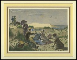 NORDERNEY: Badegäste Auf Der Weißen Düne, Kolorierter Holzstich Von G. Schönleber Von 1881 - Litografía