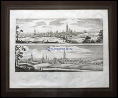 LIMOGES Und SENLIS, 2 Gesamtansichten Auf Einem Blatt, Kupferstich Von Merian Um 1645 - Litografía