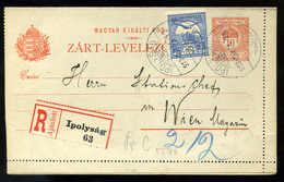 93874 IPOLYSÁG 1910. Ajánlott, Kiegészített Díjjegyes Levlap Bécsbe  /  Reg. Uprated Stationery P.card To Vienna - Entiers Postaux