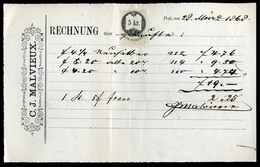 94395 PEST 1868. Cca. C.J.Malveieux , Céges Számla Okmánybélyeggel  /  C.J.Malveieux, Corp. Bill Stamp Duty - Fiscaux