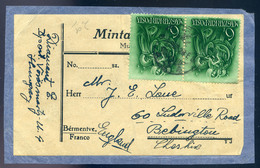 95014 BUDAPEST 1938. Minta érték Nélkül, Előlap Szent István 6f Pár, Angliába Küldve  /  Frontal St. István 6f Pair To E - Lettres & Documents