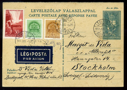 94757 BUDAPEST 1942. Kiegészített, Légi, Válaszos Díjjegyes Levlap Stockholmba Küldve  /  Uprated Airmail Reply Statione - Lettres & Documents