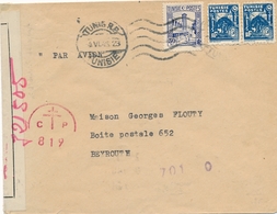 TUNISIE Pour BEYROUTH LIBAN Lettre CENSURE Cachet CROIX DE LORRAINE CP819 - OMECA BILINGUE LIBAN SANTE CONFORT ECONOMIE - Storia Postale