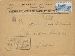 TUNISIE 1f50 SEUL Sur Lettre RECOMMANDÉ - Griffe 1ere EMISSION TIMBRES PRO JUVENTUS  > SEDAN Ardennes TUNIS CHARGEMENT - Briefe U. Dokumente