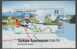 TURKEY, 2017, MNH, JOINT ISSUE, TRAINS, BAKU-TBILISI-KARS RAILWAY, FLAGS, MOUNTAINS, S/SHEET - Gezamelijke Uitgaven