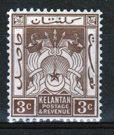 Malaya Kelantan 1921 Three Cent Brown Mounted Mint Stamp. - Kelantan