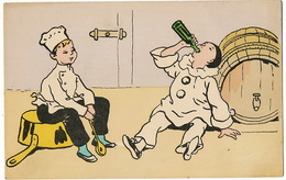 Carte Illustrée Cuisinier Assis Sur Poele Et Pierrot Alcoolique Buvant Du Tonneau Edit Aux Alliés - Carnival