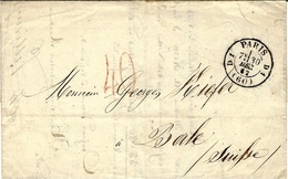 1862- Lettre En Port Du De PARIS Bureau D1 Pour Bâle ( Suisse ) Taxe 40 Rouge Suisse - Storia Postale