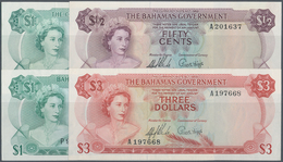 01097 Bahamas: Set Of 4 Banknotes Containing 1/2 Dollar L.1965 P. 17a (UNC), 3 Dollars L.1965 P. 19a (XF), - Bahamas