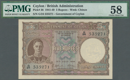 01273 Ceylon: 5 Rupees 1944 P. 36, Condition: PMG Graded 58 Choice AUNC. - Sri Lanka