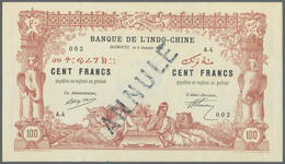 01363 Djibouti / Dschibuti: 100 Francs 1920 Banque De L'Indochine With Stamp "Annule" P. 5(s), Highly Rare - Dschibuti