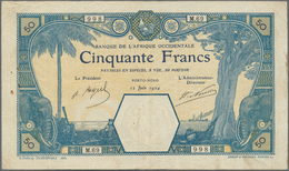 01578 French West Africa / Französisch Westafrika: 50 Francs 1924 PORTO-NOVO P. 10Eb, Used With Folds And - West African States
