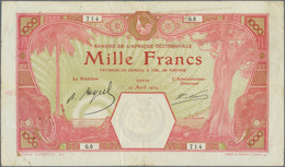 01594 French West Africa / Französisch Westafrika: 1000 Francs 1924 P. 15B, Very Rare Large Size Note, Use - États D'Afrique De L'Ouest