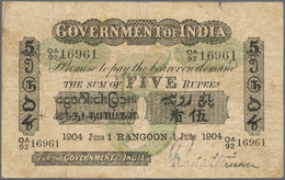 01724 India / Indien: Very Rare British Government Of India BURMA RANGOON Issue 5 Ripees 1904 Sign. Atkins - Inde