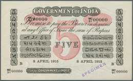 01725 India / Indien: Very Rare Specimen Of 5 Rupees 8.4.1915 Government Of India P. A5s, With Zero Serial - Indien