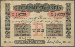 01729 India / Indien: Government Of India 10 Rupees 1920 P. A10, Used With Folds And Stain In Paper, Small - Indien