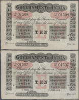 01732 India / Indien: Highly Rare Set Of 2 Consecutive Notes 10 Rupees 1918 RANGOON Issue P. A10 In Simila - Inde