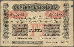 01733 India / Indien: Rare Government Of India 50 Rupees 1916 P. A15, Used With Folds And Light Stain In P - Inde