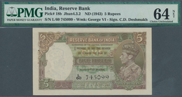 01745 India / Indien: 5 Rupees ND(1943) P. 18b, In Condition: PMG Graded 64 Choice UNC NET. - Inde