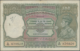 01751 India / Indien: 100 Rupees ND(1937-43) MADRAS Issue P. 20o, Used With Folds, 3 Larger Pinholes At Le - Inde