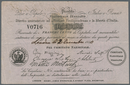 01881 Italy / Italien: Prestito Nazionale Italiano 100 Franchi 1850 P. NL, Used With Center Fold And Sever - Sonstige & Ohne Zuordnung
