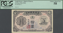 01913 Korea: Set With 4 Banknotes Comprising 10 Won ND(1949) P.2 PCGS 58, 100 Won ND(1950) P.7 PCGS 58, 10 - Corée Du Sud