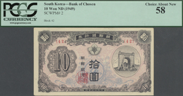 01913 Korea: Set With 4 Banknotes Comprising 10 Won ND(1949) P.2 PCGS 58, 100 Won ND(1950) P.7 PCGS 58, 10 - Corea Del Sur