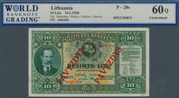 01931 Lithuania / Litauen: 10 Litu 1938 SPECIMEN, P.28s, WBG Graded 60Q Uncirculated - Lithuania