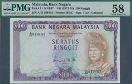 01988 Malaysia: 100 Ringgit ND(1972-76) P. 11 In Condition: PMG Graded 58 Choice AUNC. - Malasia