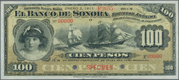 02030 Mexico: El Banco De Sonora 100 Pesos 1911 SPECIMEN, P.S423s, Punch Hole Cancellation And Red Overpri - México