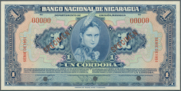 02125 Nicaragua: 1 Cordoba 1951 Specimen P. 91Bs, 3 Cancellation Holes, Zero Serial Numbers, Specimen Over - Nicaragua