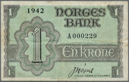 02171 Norway / Norwegen: 1 Krone 1942 P. 17a With Very Low Serial Number #A000229, So This Note Was The 22 - Norwegen