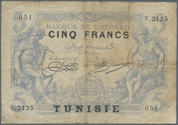 02500 Tunisia / Tunisien: 5 Francs 1920 Algeria With Black Overprint Tunisia P. 1, Used With Stronger Fold - Tunisie