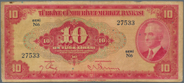 02540 Turkey / Türkei: 10 Lira L. 1930 (1947-1948) P.147, Yellowed Paper With Many Folds And Some Spots At - Turchia