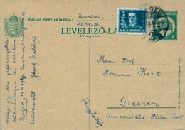 1930 , HUNGRIA , TARJETA ENTERO POSTAL CIRCULADA , SZEGED - GIESSEN , FRANQUEO COMPLEMENTARIO - Lettres & Documents