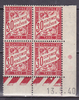 N° 33 Taxes Coins Datés 30 Centimes Rouge Carminé: Bloc De 4 Timbres Coins Datés 13.5.40 - Postage Due