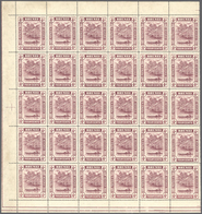 05023 Brunei: 1912, 'Huts And Canoe' 4c. Claret Part Sheet Of 30 With Margins On Three Sides, MNH But Tone - Brunei (1984-...)