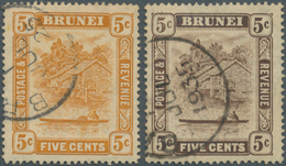 05036 Brunei: 1924/1933, 'Huts And Canoe' 5c. Orange And 5c. Brown Both With Variety 'RETOUCHED 5c', Very - Brunei (1984-...)