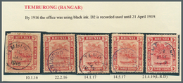 05115 Brunei - Stempel: TEMBURONG (type D2): 1916/19, Five 3c Red `bush Huts And Canoe' Stamps Incl. One O - Brunei (1984-...)