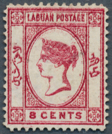 05144 Labuan: 1882, QV 8c. Carmine With Reversed Wmk. Crown CC And Unusual KISS PRINT Very Light Used, BPA - Andere & Zonder Classificatie