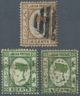 05146 Labuan: 1880/1883, Three Used QV Stamps With Wmk Varieties, 1880 10c. Brown Wmk Inverted, Used With - Altri & Non Classificati