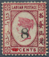 05148 Labuan: 1880, QV 12c. Carmine Surcharged In Black '8' With Original Value Obliterated By Manuscript - Autres & Non Classés