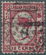 05150 Labuan: 1880 "8" On 12c. Carmine, Varieties "Orig. Value "12" Not Obliterated" And "No Right Foot To - Sonstige & Ohne Zuordnung