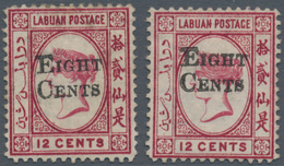 05152 Labuan: 1881, QV 12c. Carmine Handstamped 'EIGHT CENTS' In Type 4 Two Stamps With Normal Or REVERSED - Andere & Zonder Classificatie