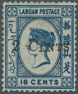 05162 Labuan: 1885 2c. On 16c. Blue, Wmk Crown CC Inverted & Reversed, Mounted Mint With Large Part Origin - Sonstige & Ohne Zuordnung