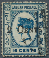 05163 Labuan: 1885, QV 16c. Blue Handstamped '2 CENTS' In Type 7 Fine Used With A Few Shortish Perf., Scar - Andere & Zonder Classificatie
