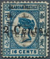 05164 Labuan: 1885, QV 16c. Blue With DOUBLE SURCHARGE '2 Cents' In Type 8 Fine Used With Barred Cancel An - Andere & Zonder Classificatie