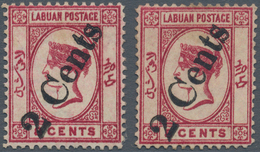 05165 Labuan: 1885, QV 8c. Carmine Handstamped Diagonal '2 Cents' In Type 9 Two Stamps With Normal Or REVE - Autres & Non Classés